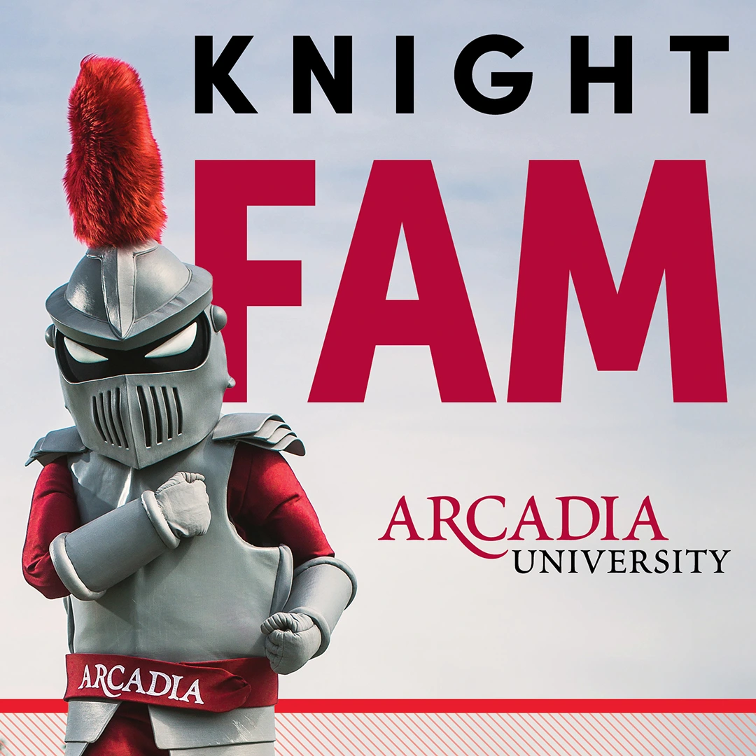 An Arcadia-themed Instagram post showing Arcadia's mascot, Archie the Knight, on the lefthand side. Text reads: Fam. Arcadia University.