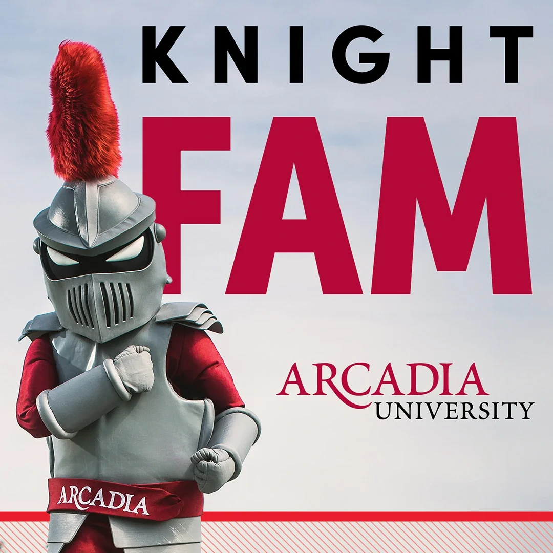 An Arcadia-themed Instagram post showing Arcadia's mascot, Archie the Knight, on the lefthand side. Text reads: Fam. Arcadia University.