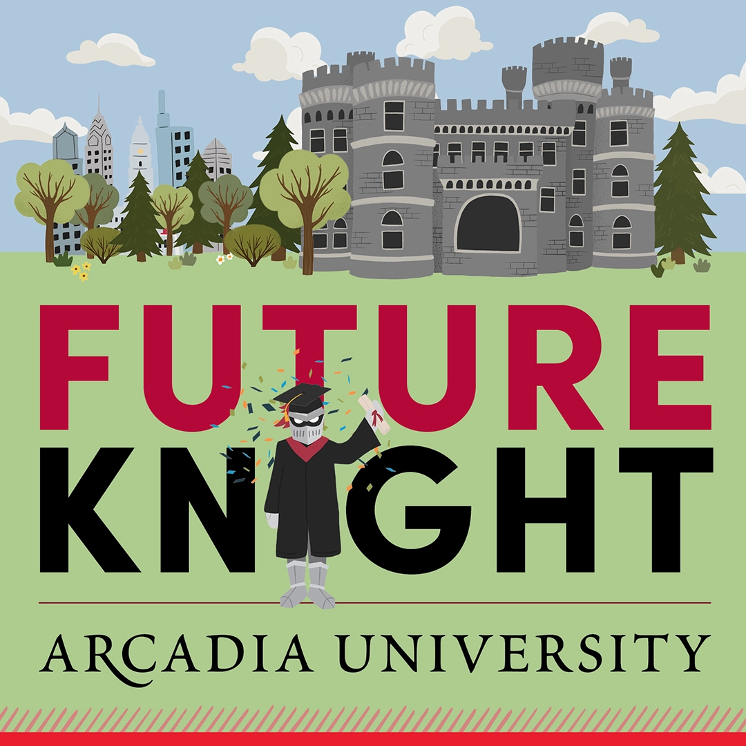 An Arcadia-themed Instagram graphic showing Archie the Knight in a cap and gown holding a diploma, with the Grey Towers Castle in the background. Text reads: Future Knight. Arcadia University.