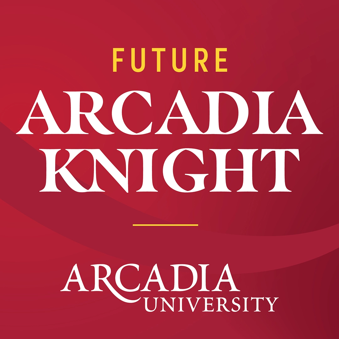 An Arcadia-themed Instagram post in Arcadia's signature scarlet color. Text reads: Future Arcadia Knight. Arcadia University.