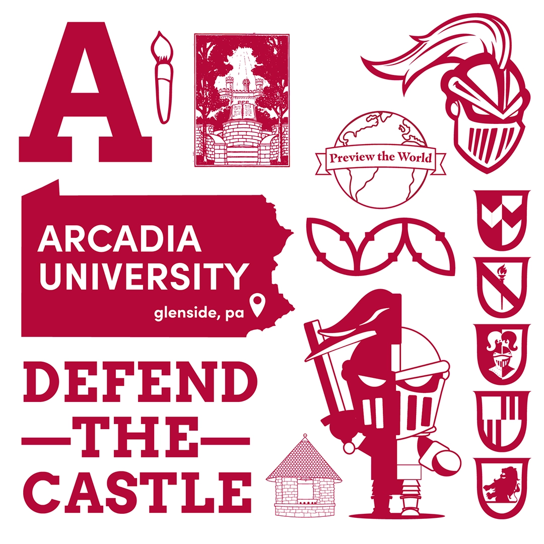 An Arcadia-themed Instagram post showing multiple logos related to Arcadia University, including two Archie logos. Text reads: Arcadia University. Glenside, PA. Defend the Castle. Preview the World.