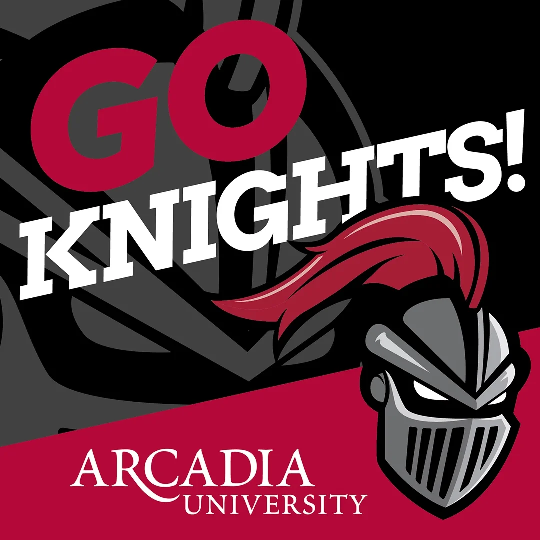 An Arcadia-themed Instagram post showing an icon of Archie the Knight on the bottom-right side. Text reads: Go Knights! Arcadia University.