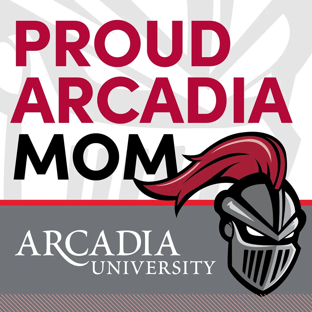 An Arcadia-themed Instagram post showing an icon of Archie the Knight on the bottom-right side. Text reads: Proud Arcadia Mom. Arcadia University.