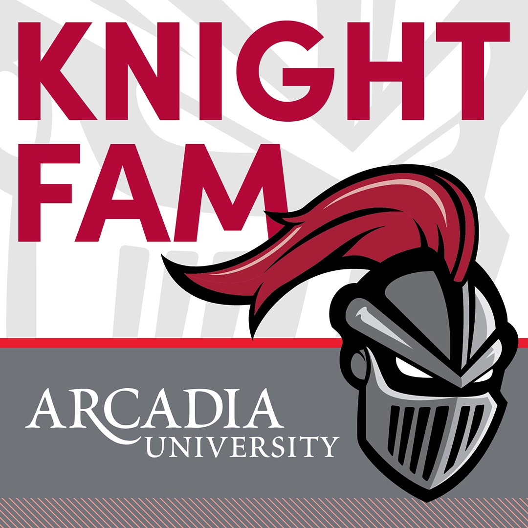 An Arcadia-themed Instagram post showing an icon of Archie the Knight on the bottom-right side. Text reads: Knight Fam. Arcadia University.