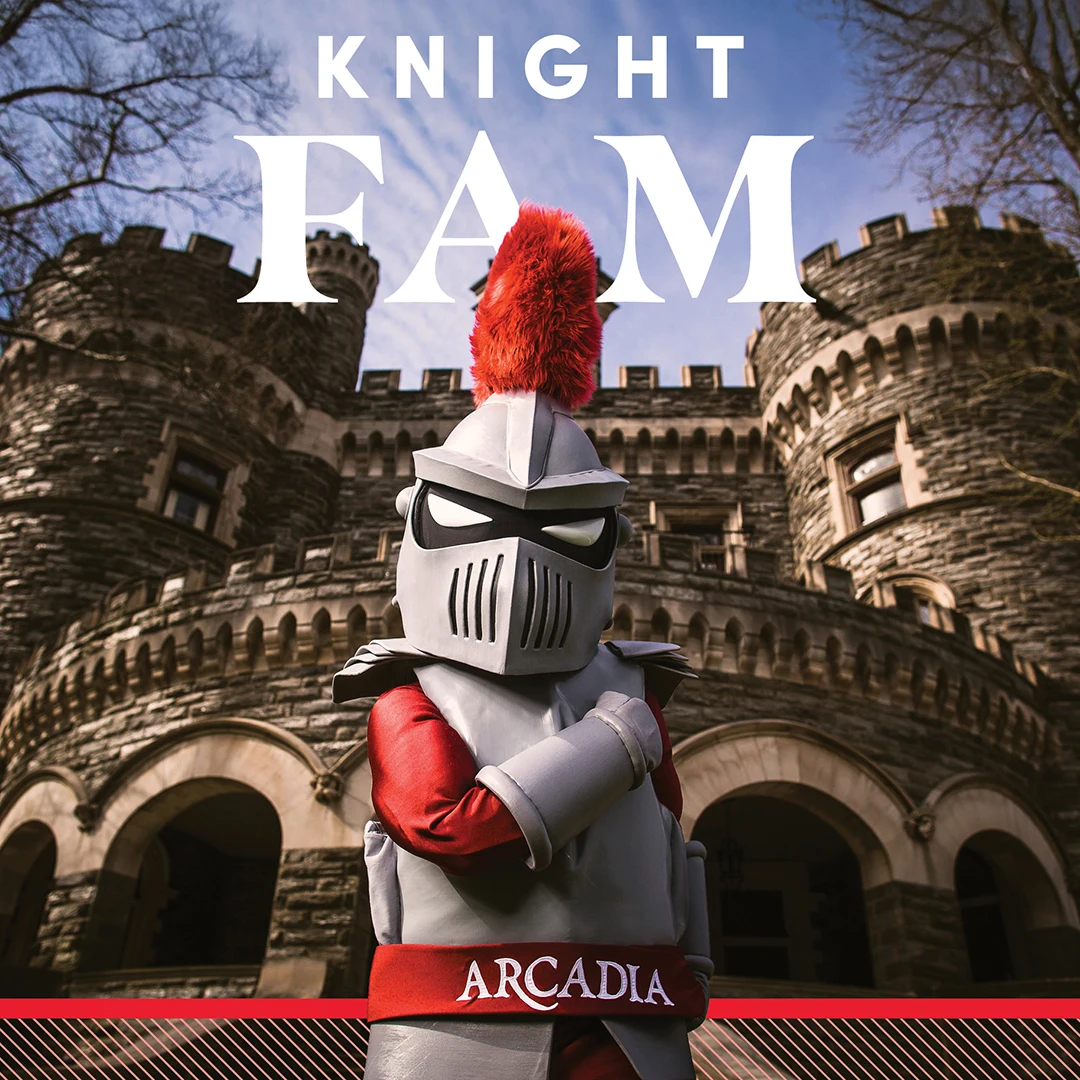 An Arcadia-themed Instagram post showing Arcadia's mascot, Archie the Knight, posing in front of Grey Towers Castle. Text reads: Knight Fam.