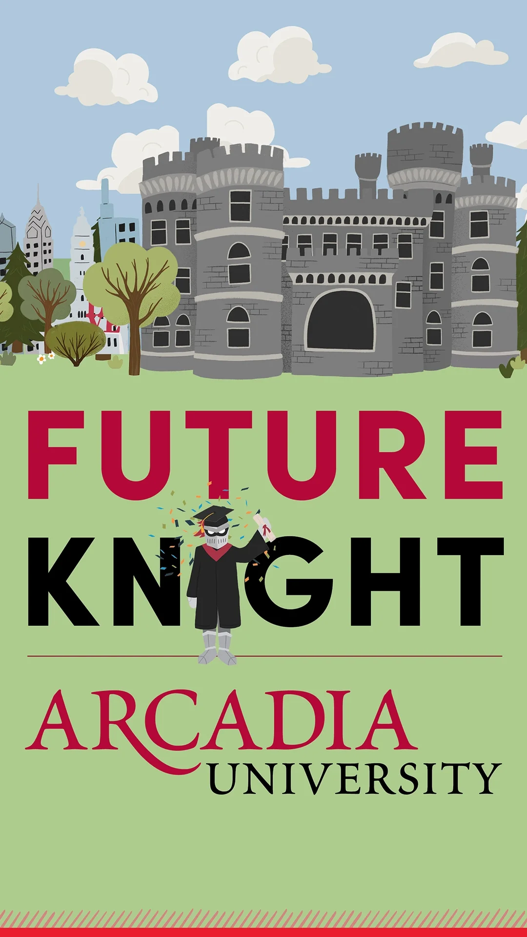 An Arcadia-themed Instagram story depicting a graphic of Archie the Knight in a cap and gown holding a diploma. The Grey Towers castle is visible in the background. Text reads: Future Knight. Arcadia University.