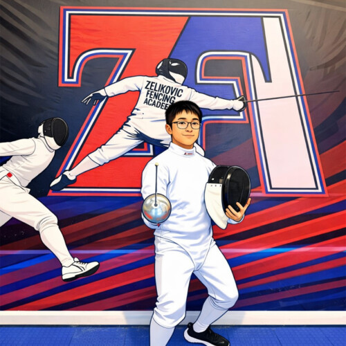 A graphic of Chayhok Chhor ’27 in fencing gear.