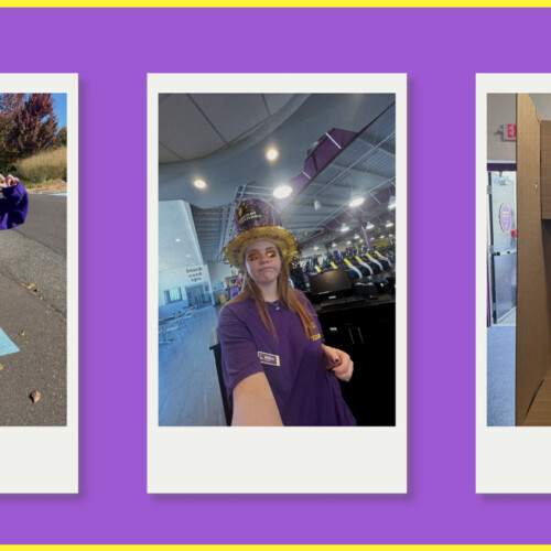 Three photos of Michelle Freeland ’27 working at Planet Fitness.