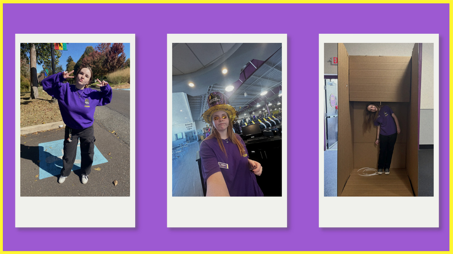 Three photos of Michelle Freeland ’27 working at Planet Fitness.