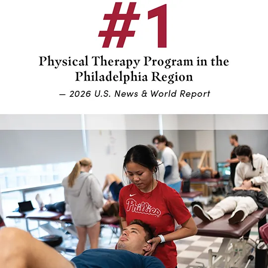 Clinical photo and #1 highlighting the Physical Therapy Program ranked #1 in the Philadelphia region, U.S. News & World Report 2026.