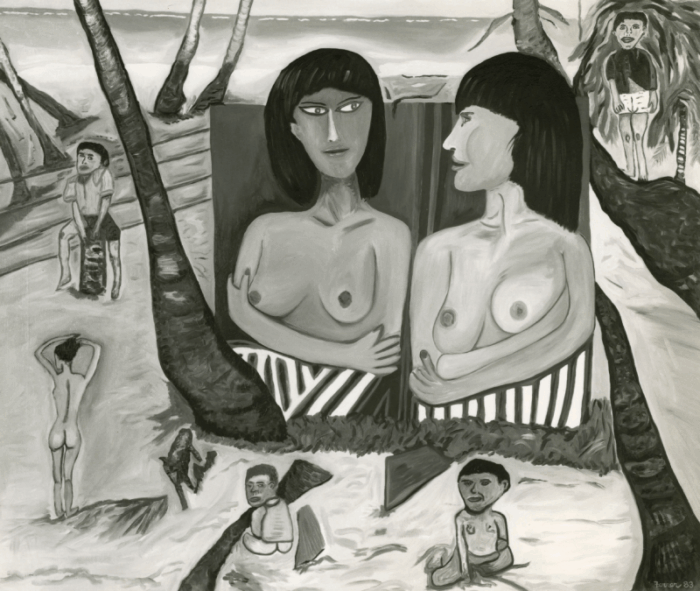 Black and white painting of two women on a beach with characters around them.