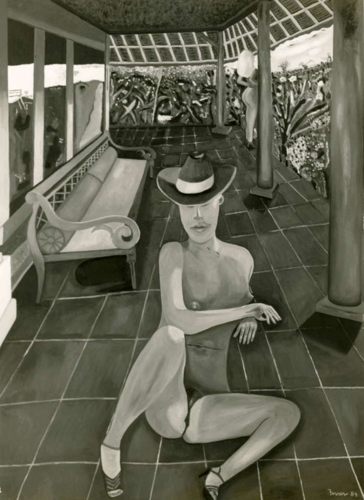 Black and white painting of a person with a hat on