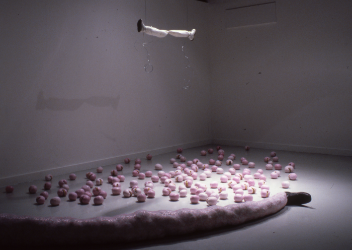 Photo of an exhibit with pink balls on the floor and a leg floating in the air.