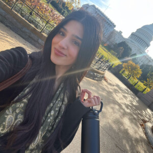 Diana Alhalaygah ’26 in front of the U.S. Capitol.