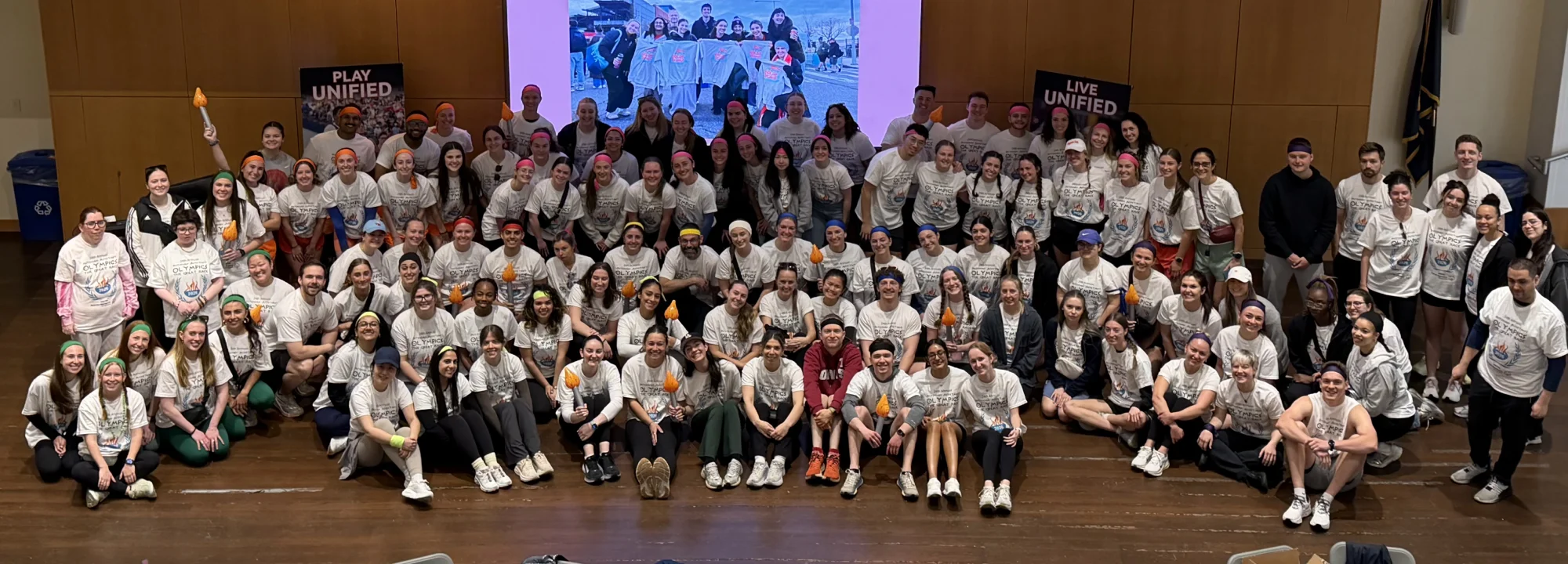 A large group photo of Arcadia students who participated in the PA Olympics.