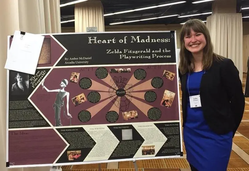 A smiling student stands next to her large presentation board that reads "Heart of Madness: Zelda Fitzgerald and the Playwriting Process"