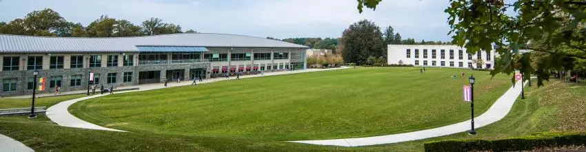 A panoramic view of Haber Green looking toward the Commons building