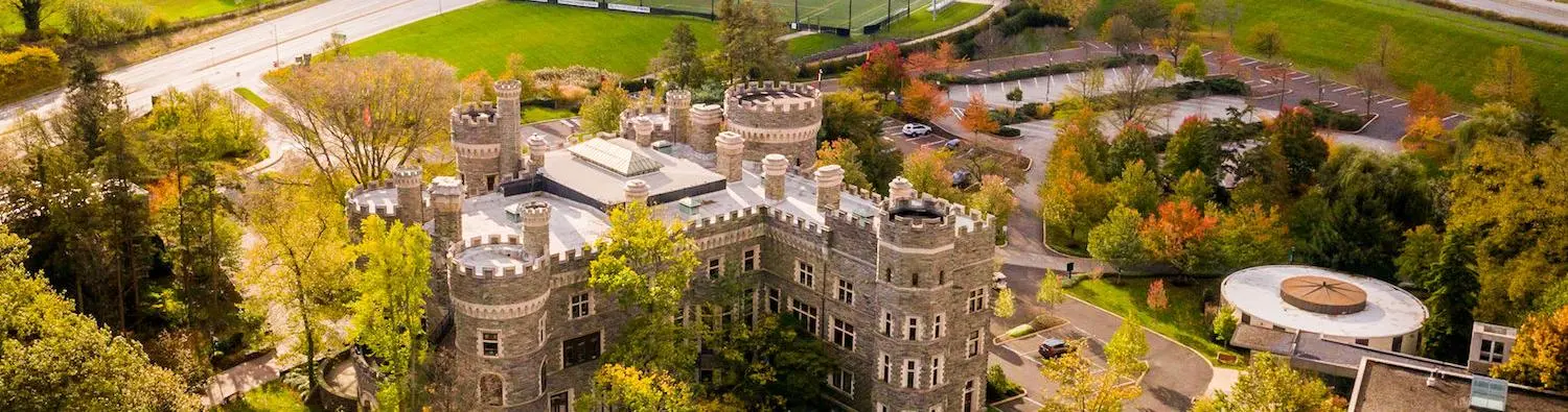 Drone view above Greys Tower Castle on Arcadia University Campus