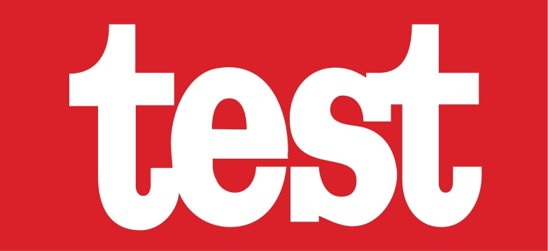 The test logo in white color with a red background