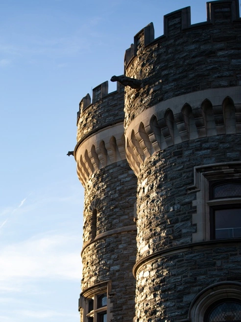 A close up view of the castle towers