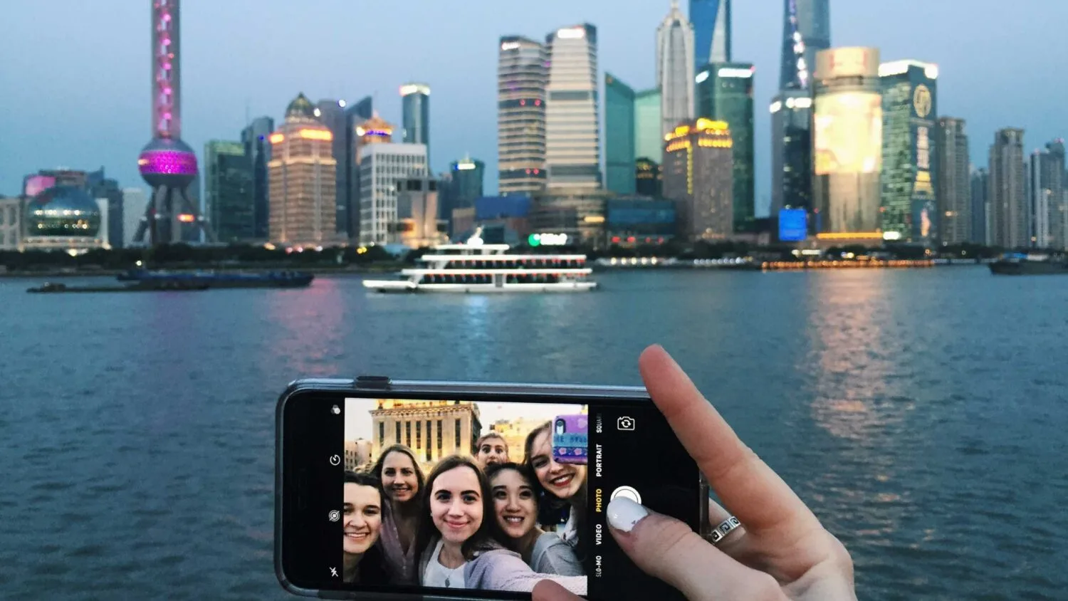 Arcadia students take a selfie in Shanghai, China.