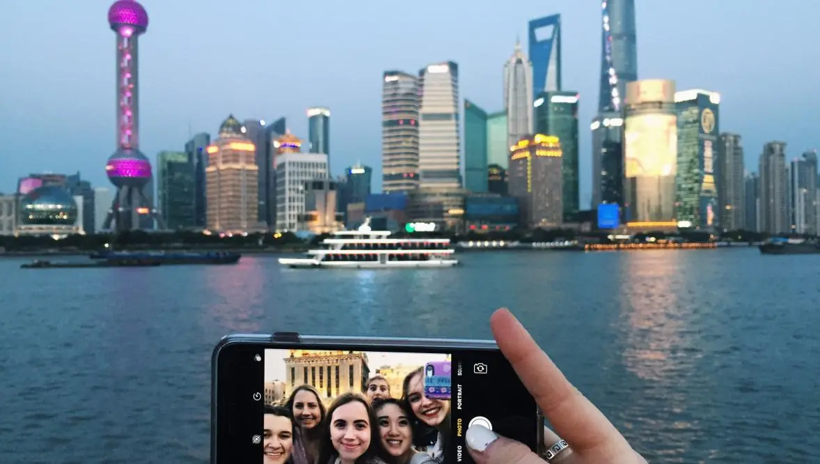 Arcadia students take a selfie in Shanghai, China.
