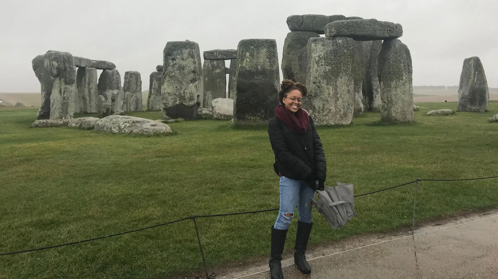 An Arcadia First-Year Study Abroad Experience (FYSAE) student visits Stonehenge in England.