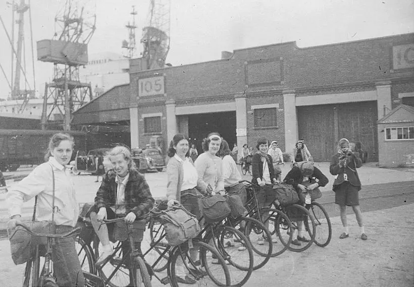 In this vintage photo, Arcadia students ride bicycles as they tour Europe.