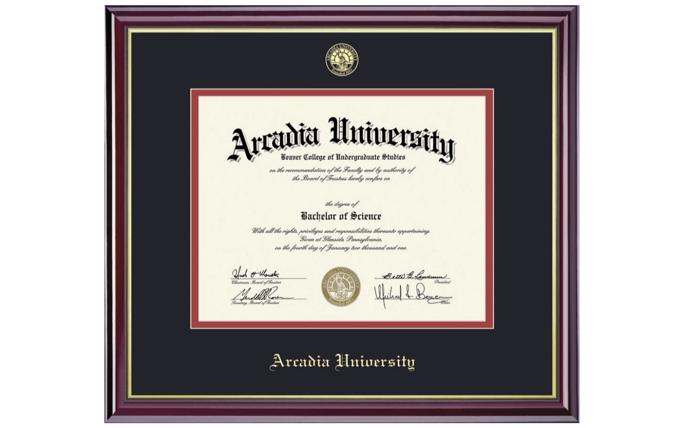 A framed diploma from Arcadia University