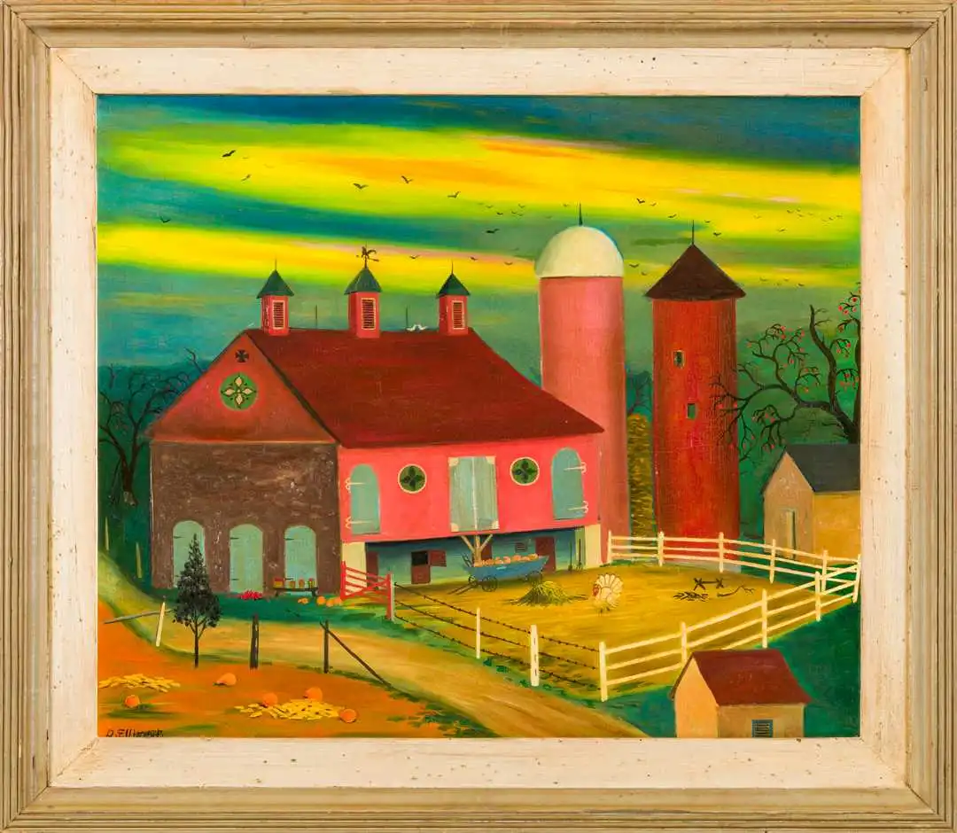 Oil painting of a red, pink and blue barn on farmland with blue, yellow, green, and orange skies above.