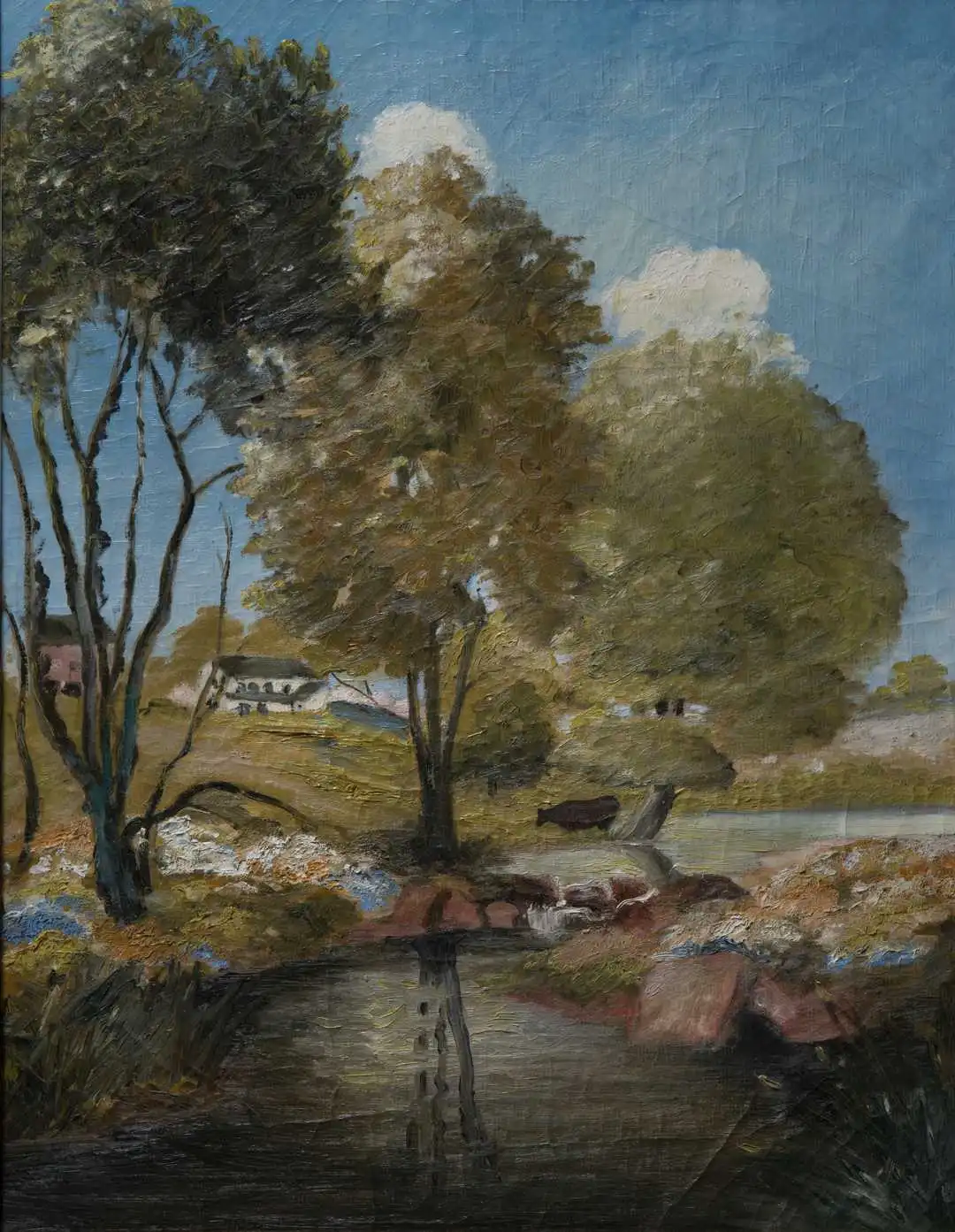A lanscape oil painting of birchwood trees along a river with houses in the background.