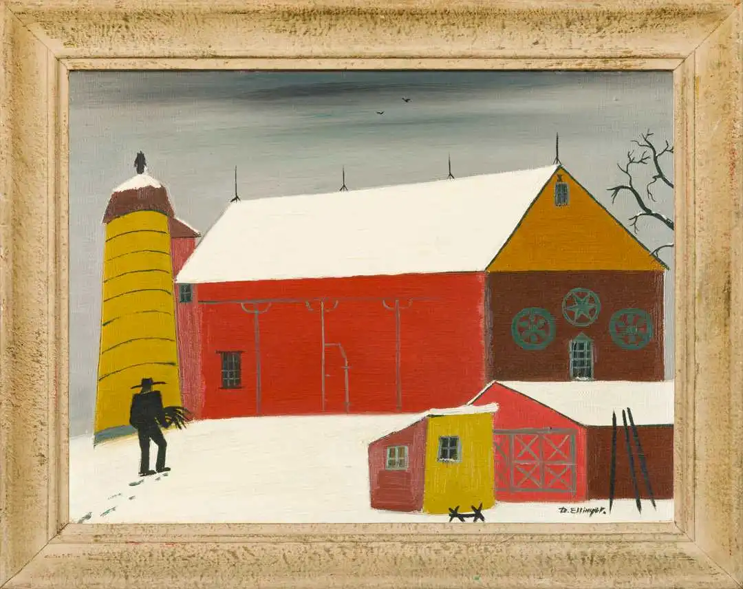 An oil painting of a red, brown, orange, and mustard-yellow barn on a gray day. There is a person silhouetted in black, walking outside.