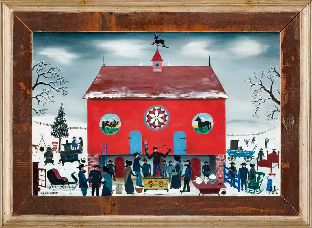 Oil painting of a red barn in the background of an auction.