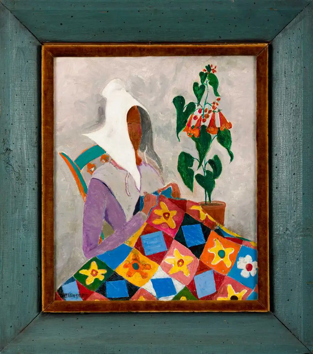 Oil painting of a person in front of a flower plan creating a colorful quilt.