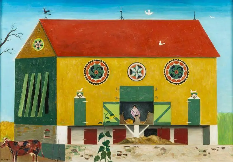 Oil painting of yellow, red, and green barn with a person working inside and a cow standing outside under a clear blue sky.