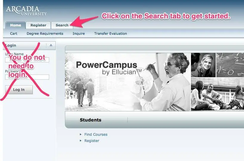 An illustration of how to log into the Click on the "search" tab.