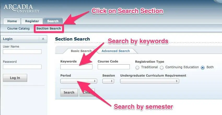 An illustration of how to log into the Click on Search Section.