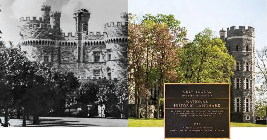A plaque features members of the Castle Restoration Society, a group of four dozen students who help maintain and restore the glory of the Castle and also the other buildings that are original to the Harrison Estate.