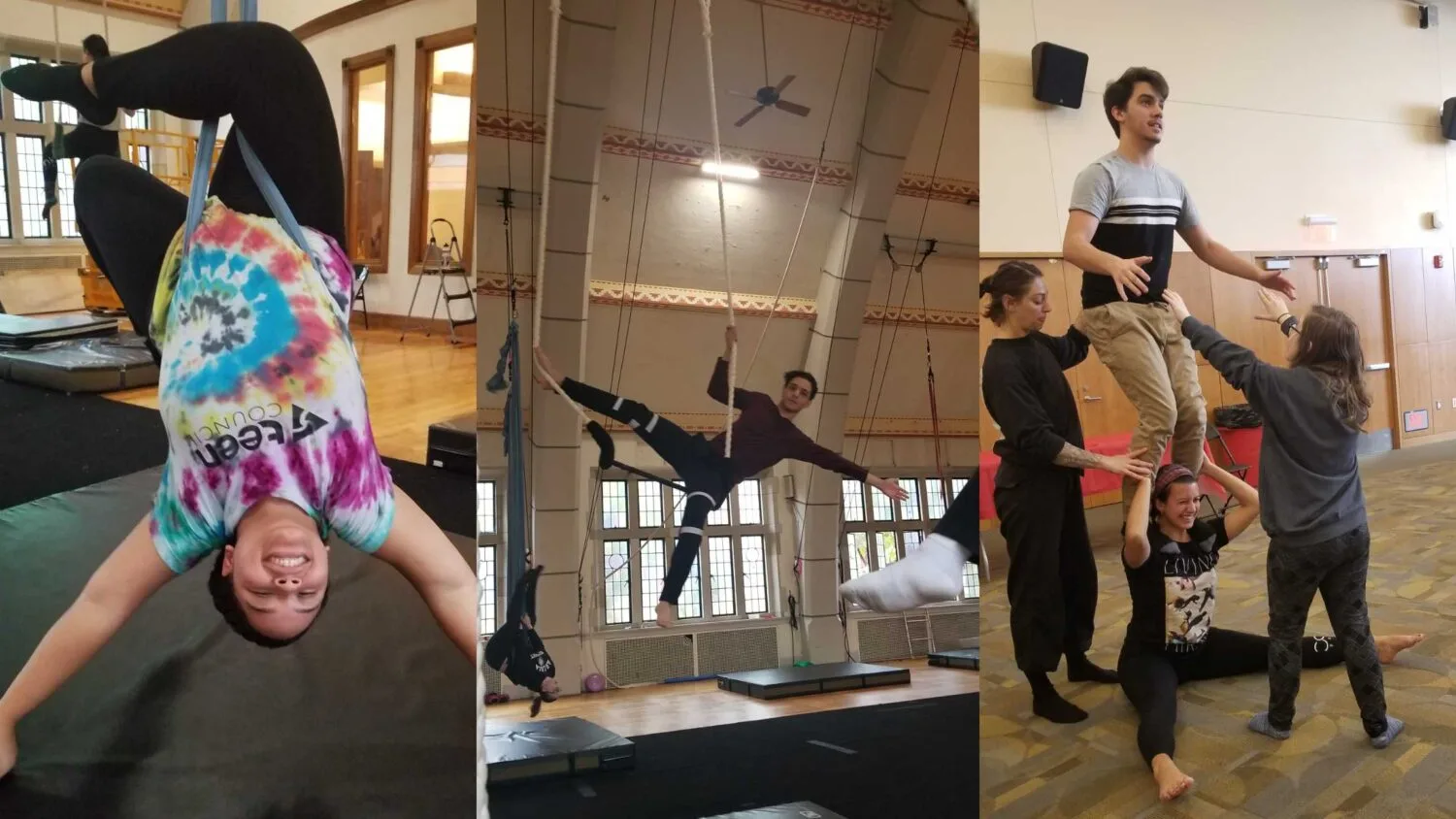 Image collage of three different images that feature students participating in From Tent to Stage: Contemporary Circus in America.