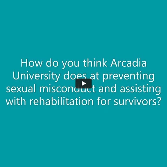 Graphic that reads "How do you think Arcadia University does at preventing sexual misconduct and assisting with rehabilitation for survivors?"