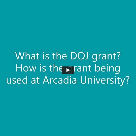 Graphic that reads "What is the DOJ grant? How is the grant being used at Arcadia University?"