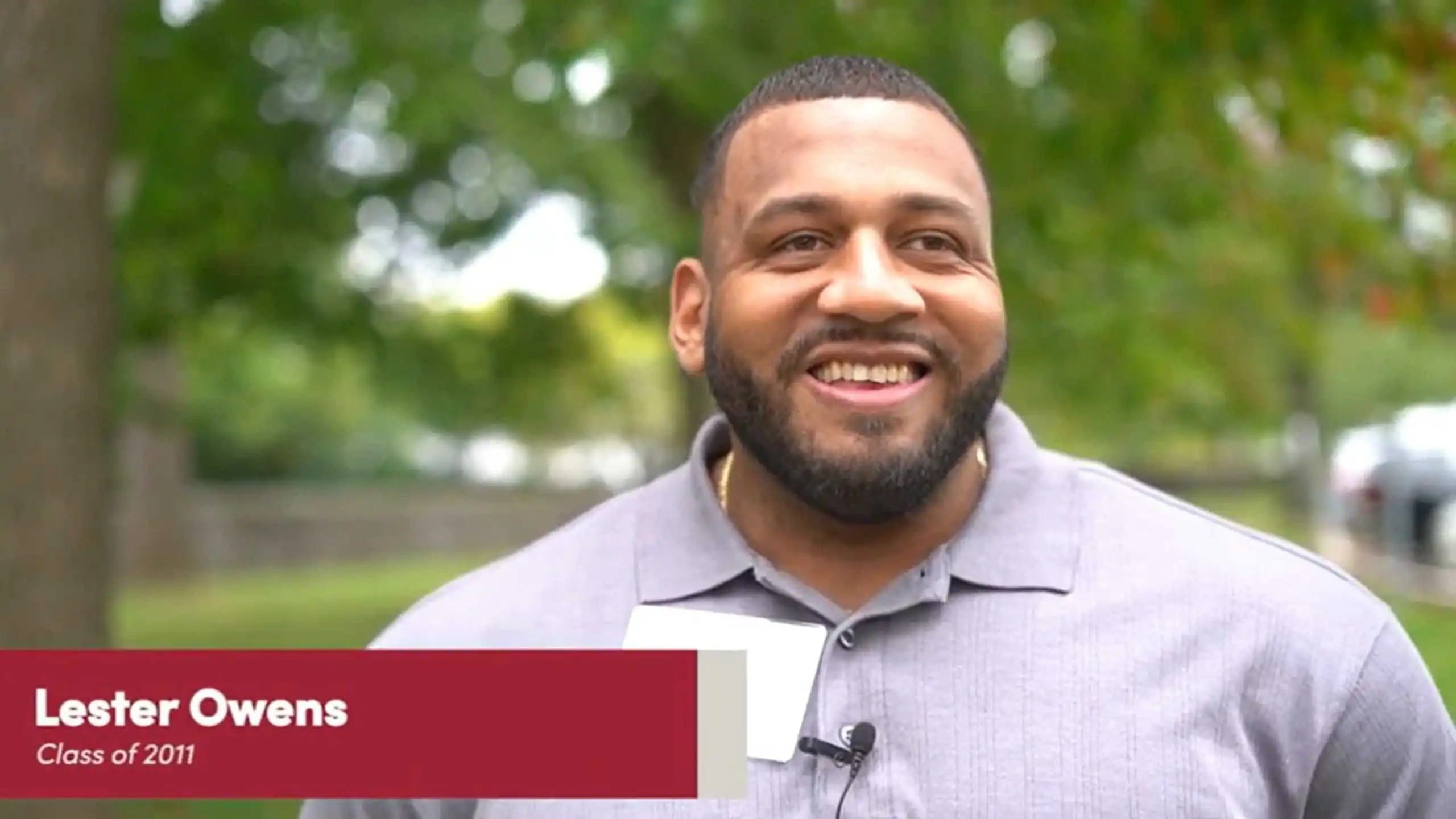 Lester Owens is interviewed outdoors at an Arcadia Alumni event