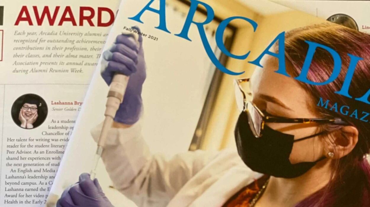 Snapshot of the Fall Issue of the Arcadia Magazine shows a student in googles and mask using a dropper and vial in a lab