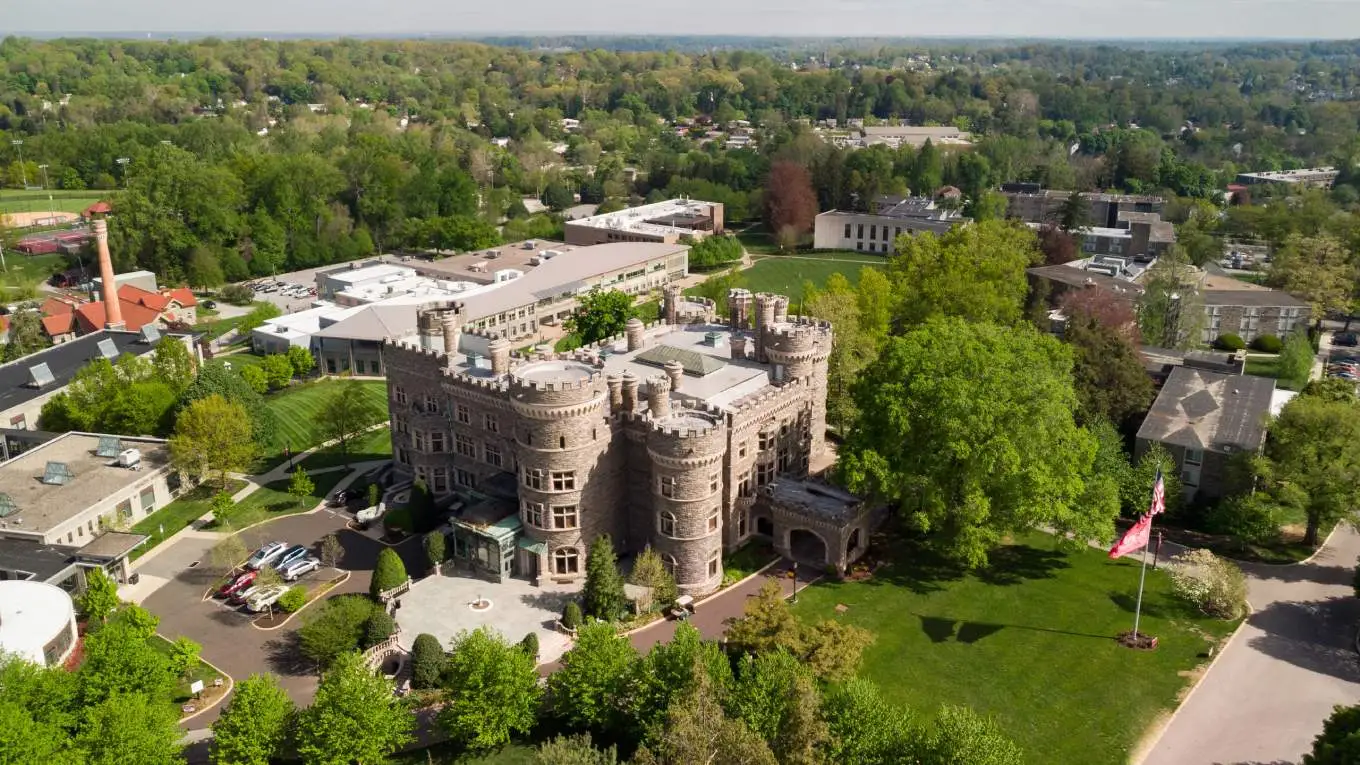A bird's eye view of Arcadia's castle surrounded by green foliage.