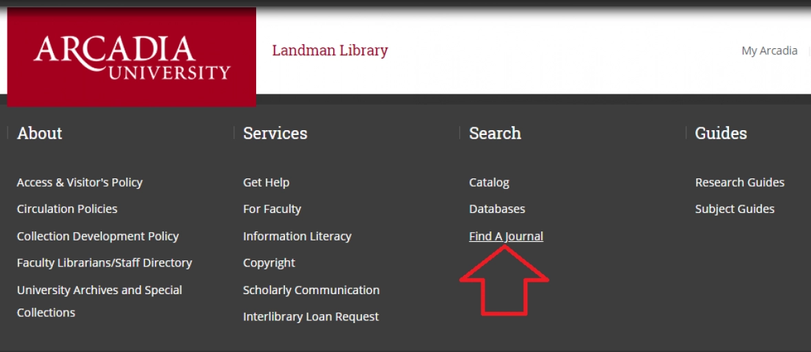 Screen shot of the first step in obtaining full-text for Arcadia University's "Find a Journal" Search Engine.