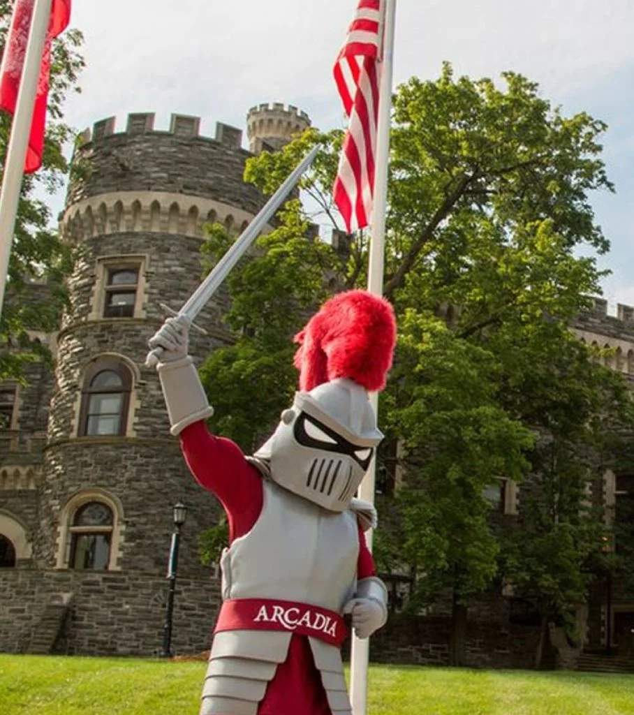 Arcadia's Knight mascot holds a sword under flags in front of Gray Castle