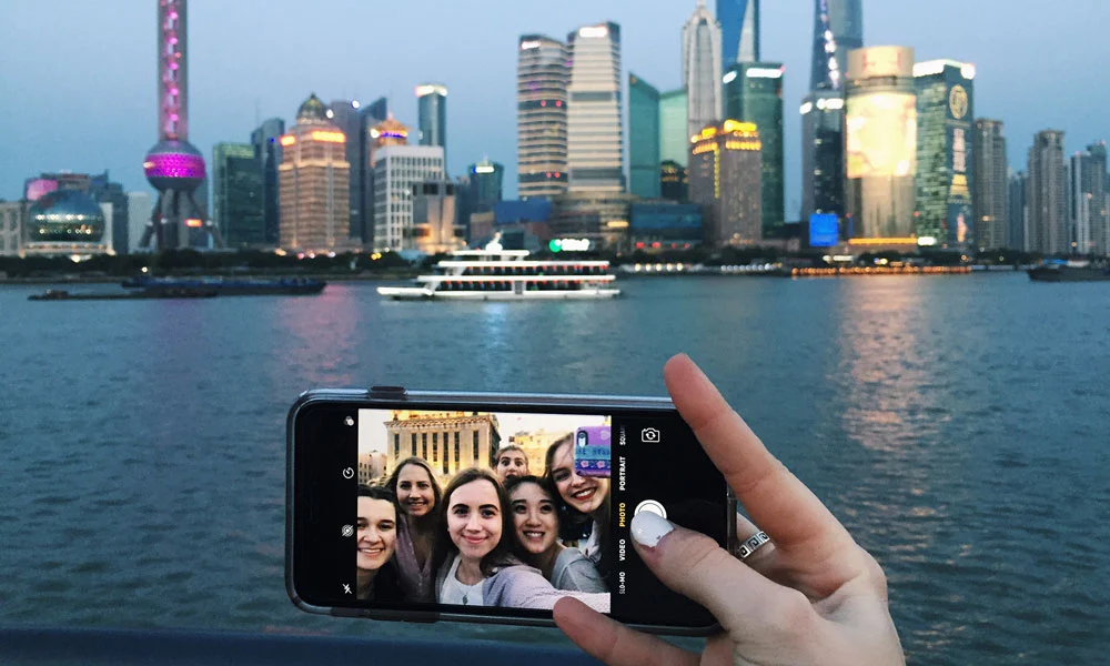 Arcadia students take a group selfie in Shanghai, China.