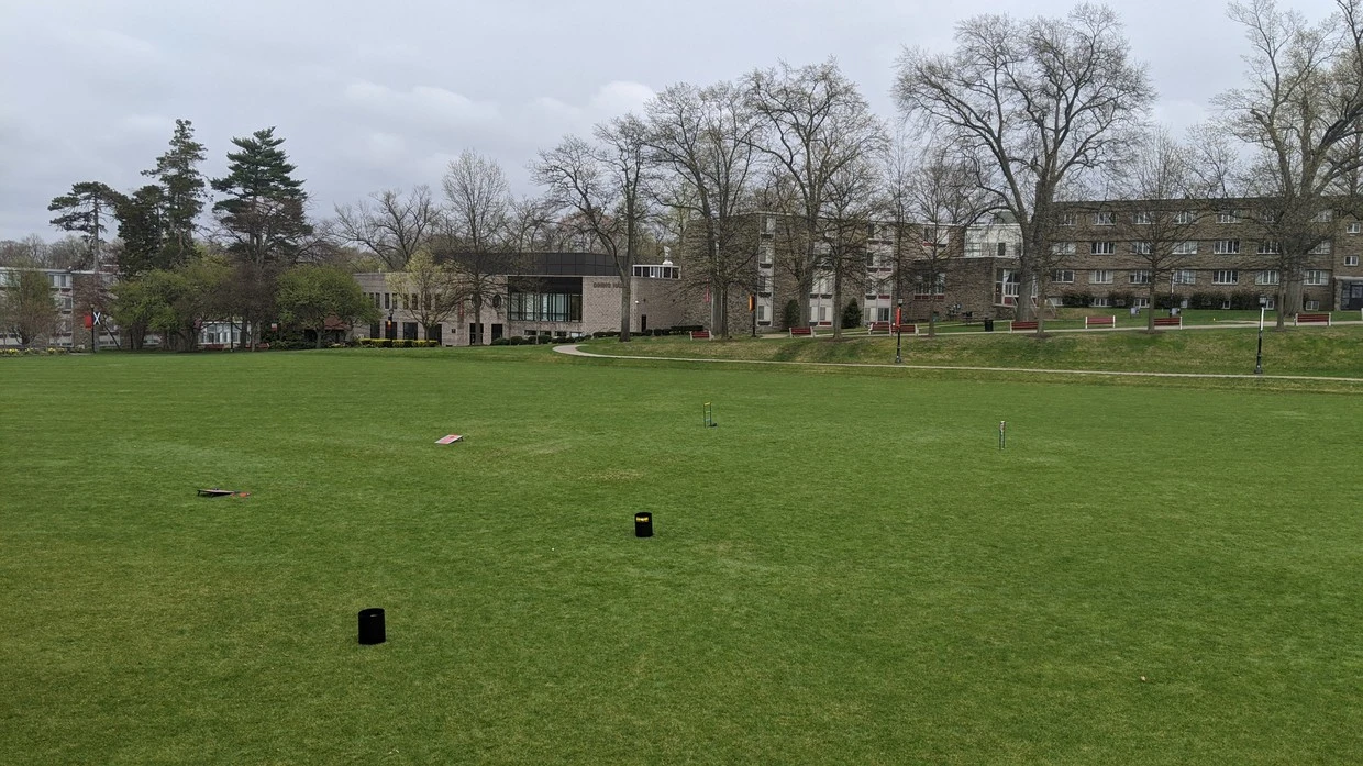 The lawn on campus on a gray spring day.