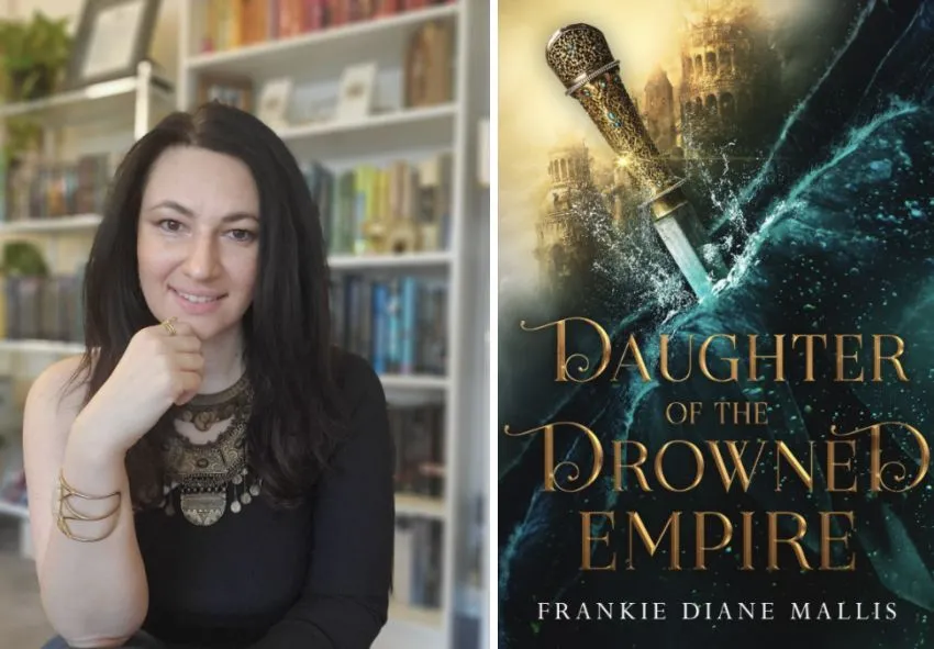 Frankie Mallis in portrait with cover image of her book, Daughter of the Drowned Empire