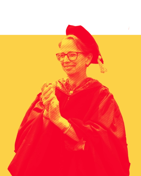 Duotone Image in red and yellow of Helene Klein, Assistant Dean of Honors and Accelerated Programs Arcadia University.